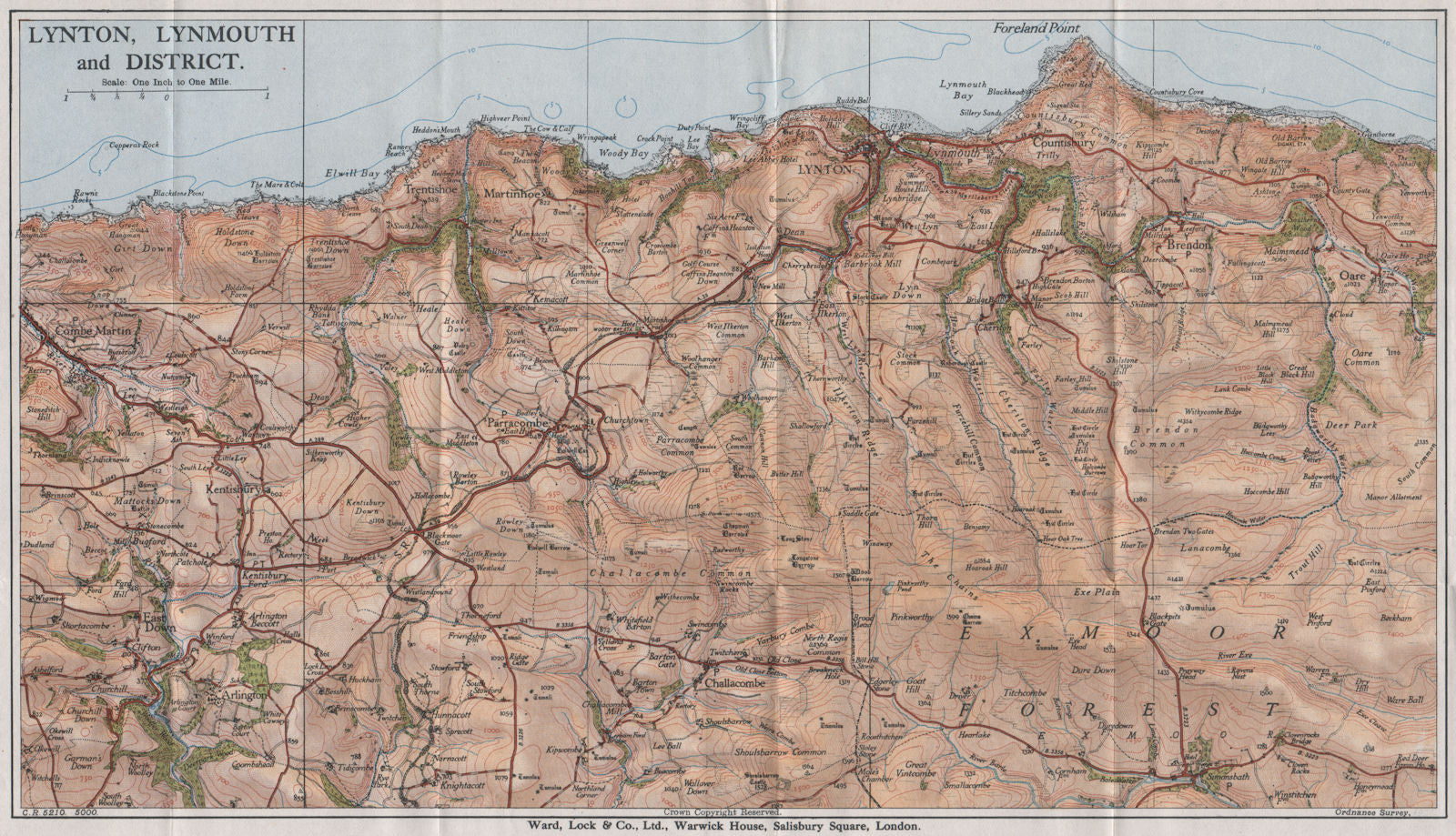 LYNTON & LYNMOUTH area topo map. Exmoor. Devon. WARD LOCK 1934 old vintage